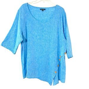 For Cynthia Linen Blend Asymmetrical Tunic Top 2X Lagenlook Minimalist Blue